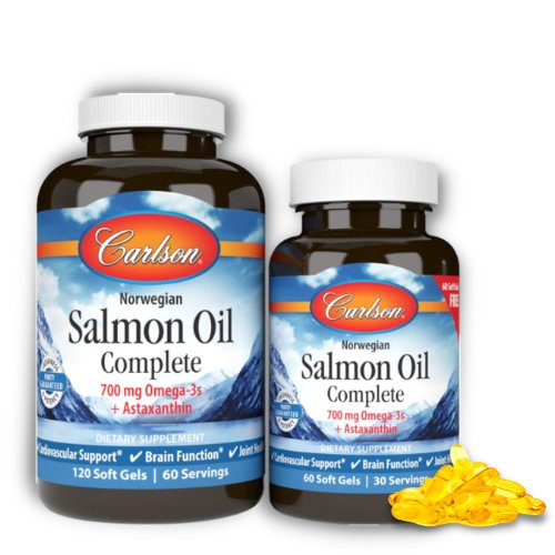 Carlson Labs, Olej z łososia 700 mg omega 3 + astaksantyna, 120 + 60 kaps. Carlson Labs