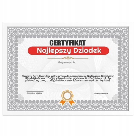 Certyfikat - Najlepszy Dziadek - ramka biała Gadget Master