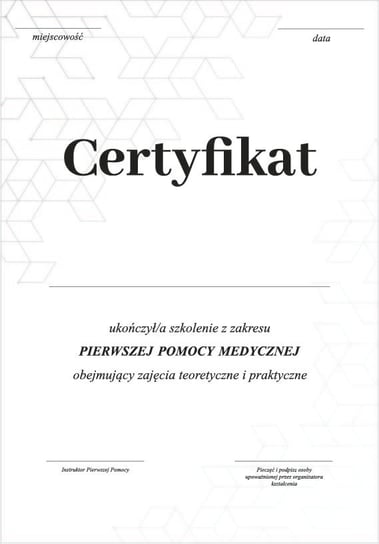 Certyfikat Ukończenia Szkolenia Pierwszej Pomocy, Komplet 10 Sztuk, Rozmiar A4 Inna marka