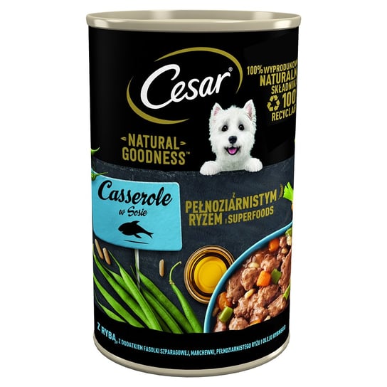CESAR puszka 400g - mokra karma pełnoporcjowa dla dorosłych psów, z rybą, z dodatkiem fasolki szparagowej, marchewki, pełnoziarnistego ryżu i oleju rybnego, w sosie Cesar