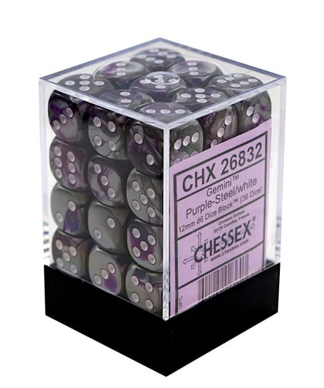 Chessex, Kostki, K6 Gemini Purple-Steel/white, 12 mm, 36 szt. Chessex