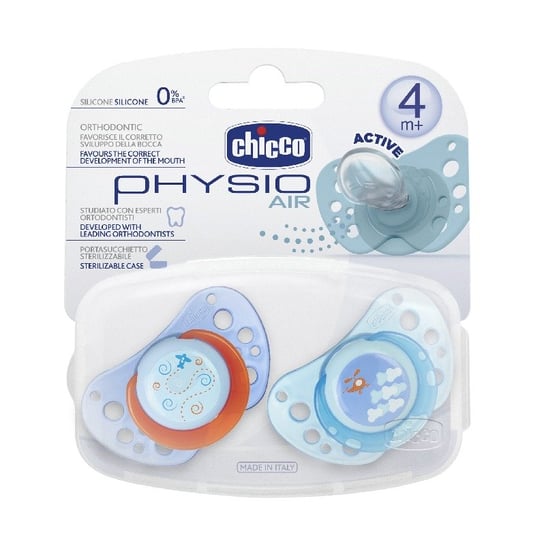 Chicco, Smoczek uspokajający, Physio Air, silikonowy, niebieski, 4m+, 2 szt. Chicco