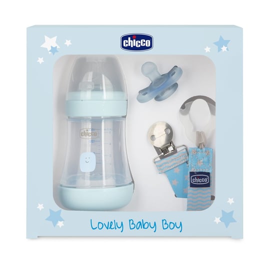 Chicco, Zestaw dla noworodka (Butelka antykolkowa Perfect5 + Smoczek Mini Soft + Tasiemka) Boy Chicco