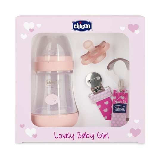 Chicco, Zestaw dla noworodka (Butelka antykolkowa Perfect5 + Smoczek Mini Soft + Tasiemka) Girl Chicco