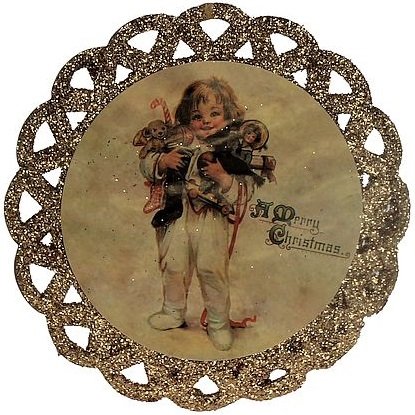 Chłopiec z prezentami, zawieszka z brokatem, 11 cm 