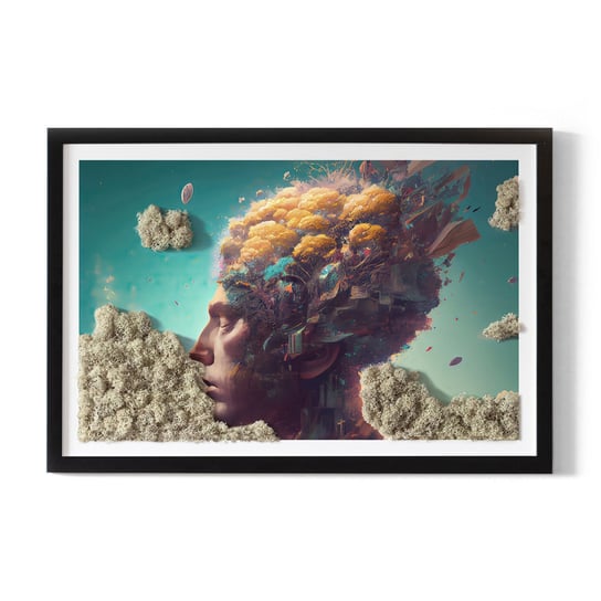 Chrobotek na Obrazie w Drewnianej Ramie - Mężczyzna z głową w chmurach - 60x40 cm Tulup