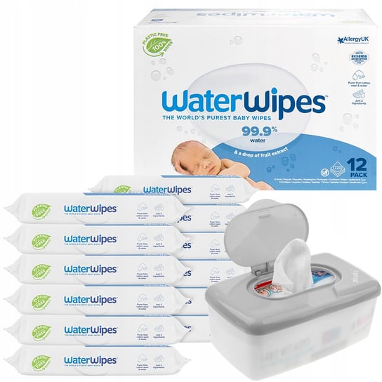Chusteczki nawilżane WaterWipes Bio 12 x 60 szt + Pudełko na chusteczki nawilżające Akuku A0532 szaro-białe Water Wipes