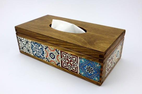 Chustecznik, prostokątne pudełko na chusteczki otwierane od góry Bejca, Azulejos kolorowe Krakowska Drewutnia