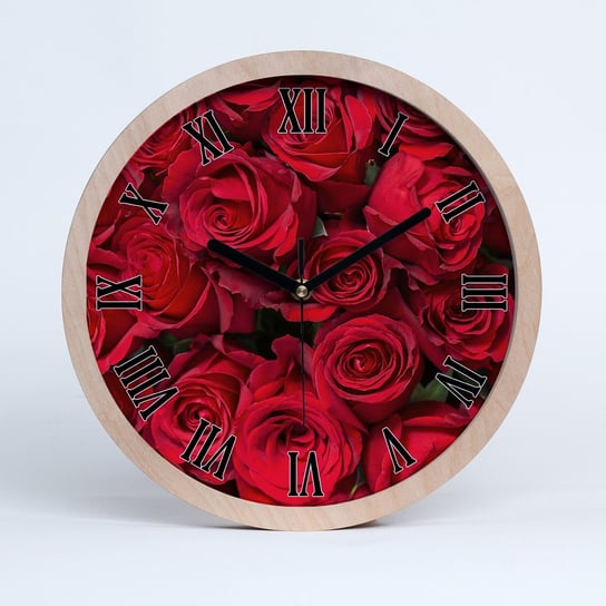Cichy ścienny drewno zegar czerwone róże fi 30 cm, Tulup Tulup