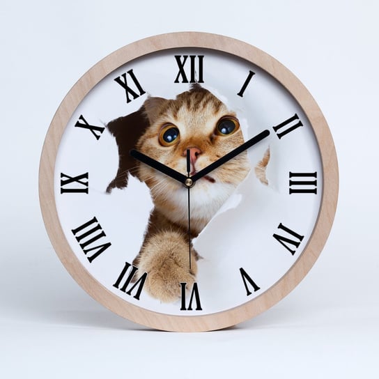 Cichy ścienny drewno zegar kot w dziurze fi 30 cm, Tulup Tulup
