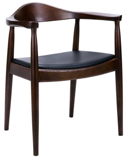 Ciemno brązowe, drewniane krzesło z podłokietnikami i czarnym siedziskiem z ekoskóry Pallero