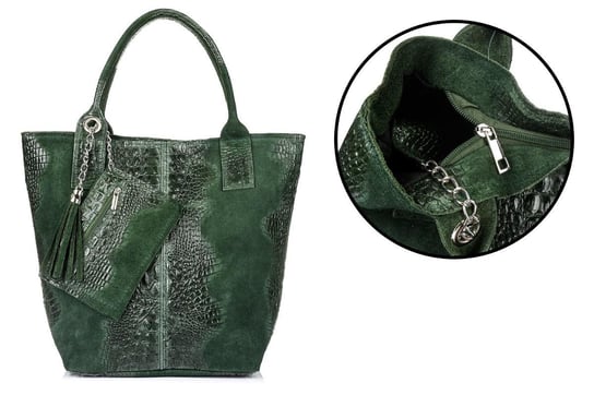 Ciemnozielona Duża Skórzana Shopperka skóra krokodyla torba worek Z SASZETKĄ L94 zielony Vera Pelle