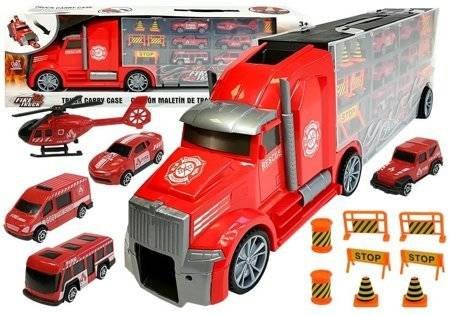 Ciężarówka Straży Pożarnej Sorter Walizka z Autkami Helikopter Czerwona Lean Toys