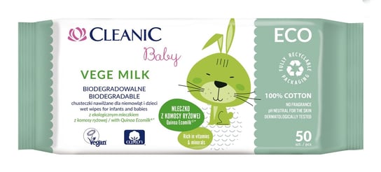 Cleanic, Baby Eco, Chusteczki nawilżane dla niemowląt i dzieci, biodegradowalne, Vege Milk, 50 szt. Harper