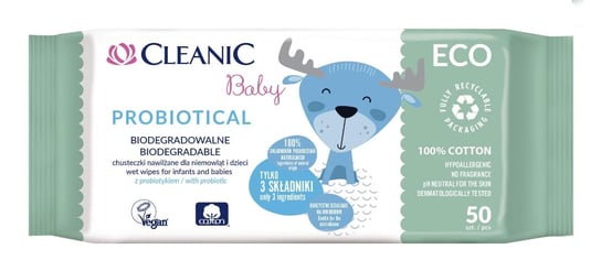 Cleanic Eco Baby Probiotical, biodegradowalne chusteczki dla dzieci i niemowląt, 50 sztuk Cleanic