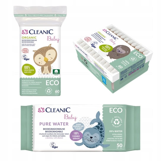 Cleanic ECO Baby zestaw dla dzieci, Płatki, Patyczki, Chusteczki nawilżane Cleanic