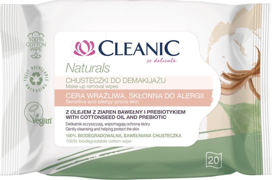 Cleanic Naturals Chusteczki do demakijażu, cera wrażliwa, 20 sztuk Cleanic