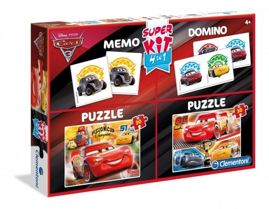 Clementoni, Auta 3, gry planszowe, zestaw Memo, Domino, Puzzle Clementoni