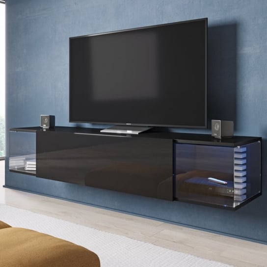 Clouds szafka RTV wisząca 160 cm, czarna High Glossy Furniture