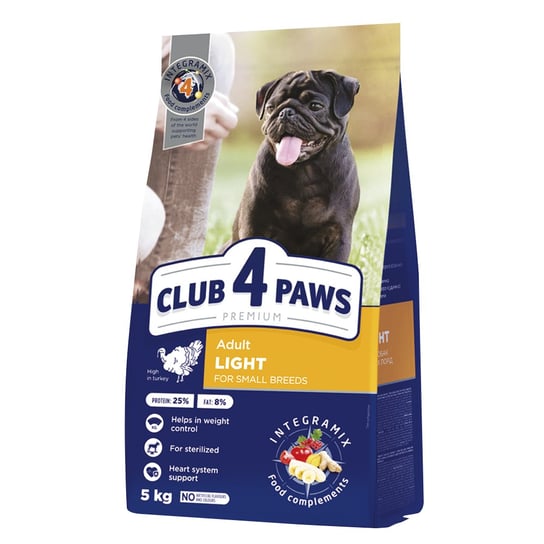 CLUB 4 PAWS Premium „Light” pełnoporcjowa sucha karma dla dorosłych psów małych ras sterylizowanych lub ze skłonnością do nadwagi z wysoką zawartością indyka 5 kg Club 4 Paws