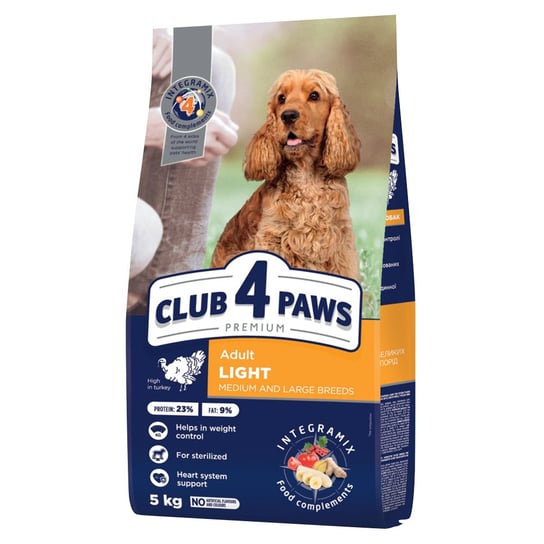 CLUB 4 PAWS Premium „Light” pełnoporcjowa sucha karma dla dorosłych psów średnich i dużych ras sterylizowanych lub ze skłonnością do nadwagi z wysoką zawartością indyka 5 kg Club 4 Paws