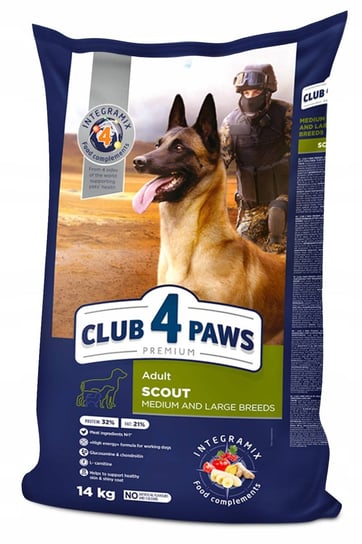 CLUB 4 PAWS Premium „Scout” sucha karma dla dorosłych pracujących psów średnich i dużych ras 14 kg Club 4 Paws