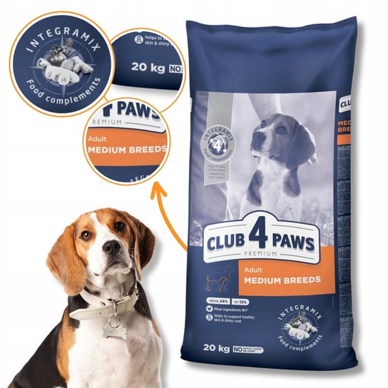 CLUB 4 PAWS Premium Sucha karma dla dorosłych psów średnich ras 20 kg Club 4 Paws