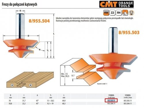 Cmt Frez Do Połączeń Kątowych Hm D=70 I=31,7 A=45 S=12 T=15-28,5 CMT