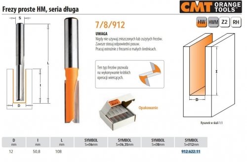 Cmt Frez Prosty Długi Hm D=12 I=50,8 L=108 S=12 CMT