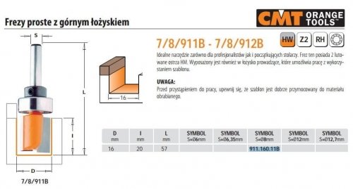 Cmt Frez Prosty Hm D=16 I=20 L=57 S=8 Z Górnym Łożyskiem CMT