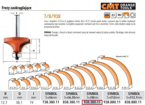 Cmt Frez Zaokrąglający Z Łożyskiem Hm R=12,7 D=38,1 I=14 S=8 CMT