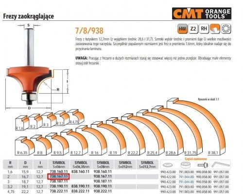 Cmt Frez Zaokrąglający Z Łożyskiem Hm R= 2 D=16,7 I=12,7 S=6 CMT