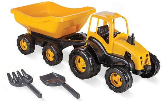 COIL Traktor z przyczepą ciągnik duży 70cm + zestaw łopatki grabki żółty COIL