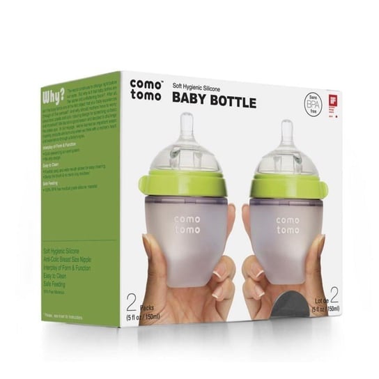 COMOTOMO - 2 antykolkowe butelki silikonowe MOM'S BREAST 150 ml Green NEWBORN 2 pack Comotomo