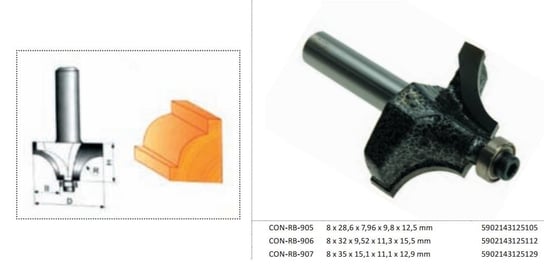 CONDOR FREZ DO DREWNA, DO ZAOKRĄGLEŃ Fi=28,6 12,5 x 9,8 x 7,96mm TRZPIEŃ 8mm Z ŁOŻYSKIEM DREL/CONDOR