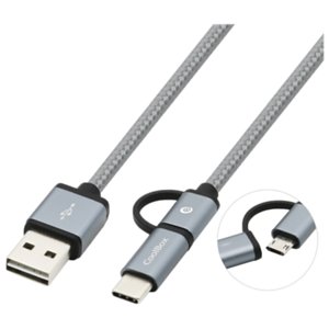 CoolBox COO-CAB-U2MC-GR Kabel 2 w 1 Micro USB i USB-C – Pleciony i wytrzymały – Złącza odwracalne – Szary coolbox