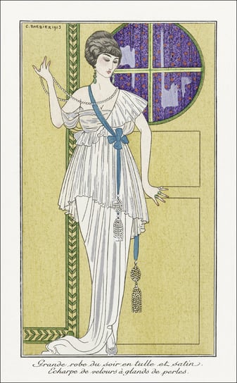 Costumes Parisiens, no. 8: Tailleur de Satin gris de perle. Chapeau de paille noir from Journal des Dames et des Modes, George Barbier - plakat 42x59,4 cm Galeria Plakatu