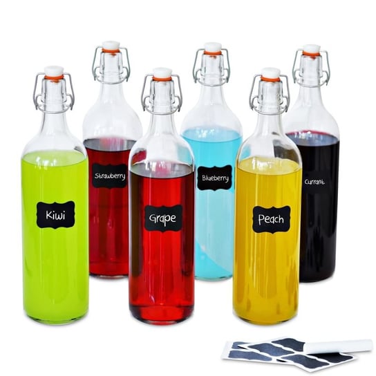 Creative Home 6x Butelka Szklana z Korkiem Klipsowym | 1000 ml | Zestaw z Etykietami i Kredą Creative Deco