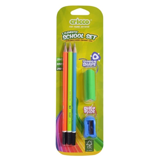 CRICCO, Ołówki CRICCO,  Neonowe 3 Szt. + Temperówka + Gumka Blister Cricco