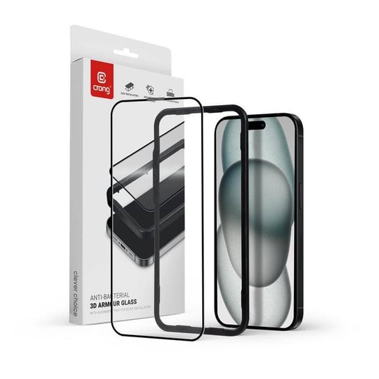Crong Anti-Bacterial 3D Armour Glass - Szkło Hartowane 9H Na Cały Ekran Iphone 15 + Ramka Instalacyjna Crong