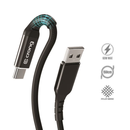 Crong Armor Link – Kabel 60W z USB-C na USB-A w oplocie 150cm (czarny) Crong