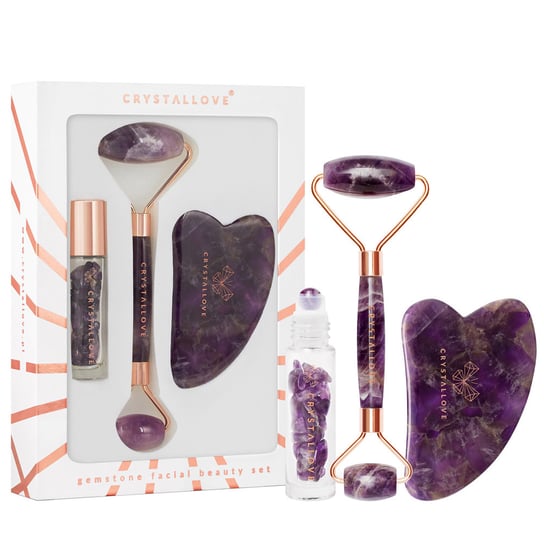 CRYSTALLOVE Amethyst beauty set : roller do twarzy + płytka gua sha + buteleczka roll-on Crystallove