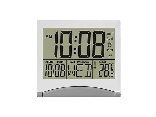 Cyfrowy zegar stołowy z wbudowanym termometrem i alarmem, srebrny. LTC