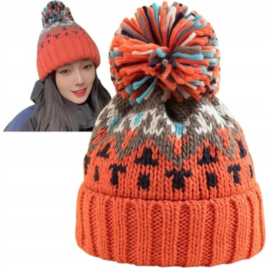 CZAPKA ZIMOWA DAMSKA Z POMPONEM BEANIE OCIEPLANA NA ZIMĘ POMARAŃCZOWA Domidekor