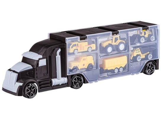 Czarna Ciężarówka, Transporter + Auta, Otwierana Laweta, Pojazdy Budowlane, Traktor, Jeep 6W1 Zabawkowy Zawrót Głowy