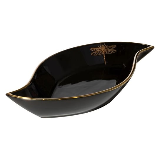 Czarna patera ceramiczna z nadrukiem złotej ważki Eurofirany