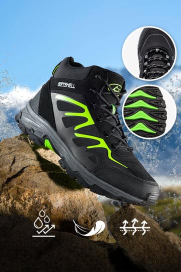 Czarne buty trekkingowe damskie sznurowane z seledynowymi dodatkami softshell Casu B2109-2-37 Casu