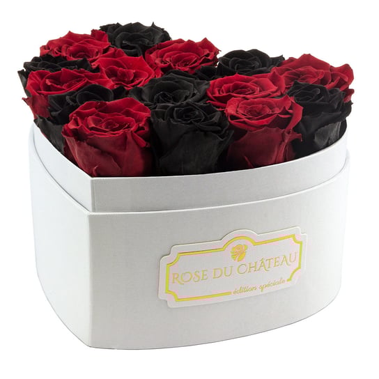 Czarne & Czerwone Wieczne Róże w Białym Boxie Heart Rose du Château