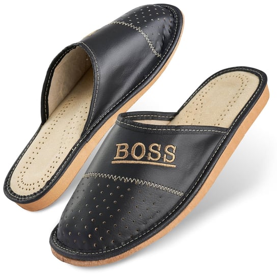 Czarne skórzane męskie pantofle slippers 104 boss r. 44 Inna marka