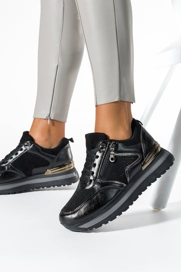 Czarne sneakersy damskie buty sportowe na platformie sznurowane z kryształkami Casu 19281-1-36 Casu